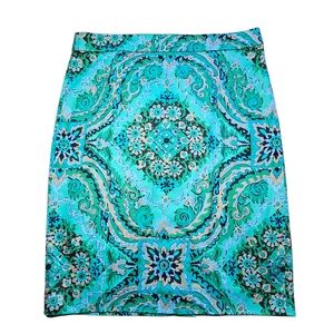 J. Crew Pencil Skirt Casbah Green Medallion Print Size 6